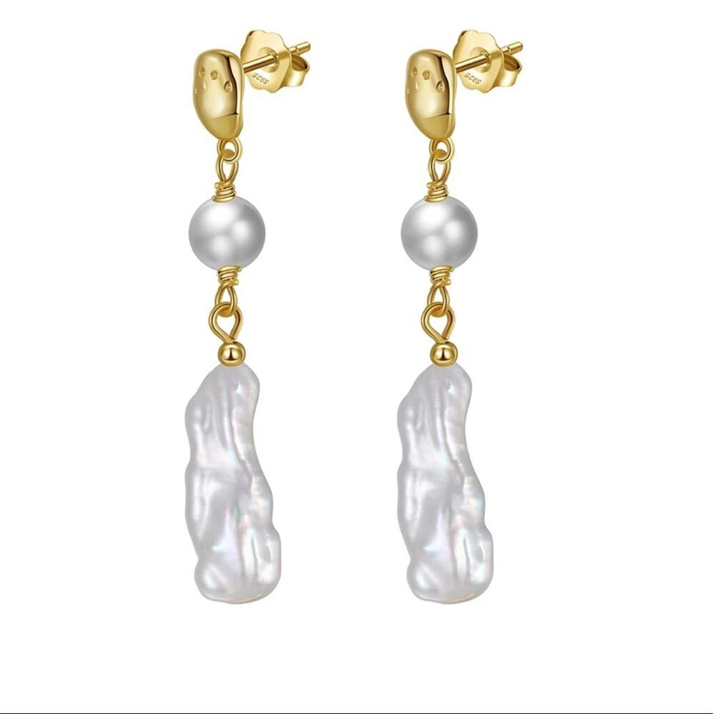 NEW 14K gold plated freshwater baroque pearl drop earrings jewelry gift B19 - Picture 5 of 8
